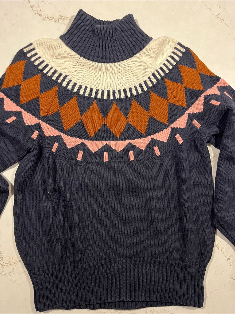 Free Assembly Navy Mock Turtleneck Sweater with Rust and Pink Accents